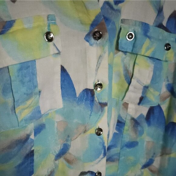 JM Collection Womens Linen Blue Green Watercolor Button Down 4P - Picture 3 of 6